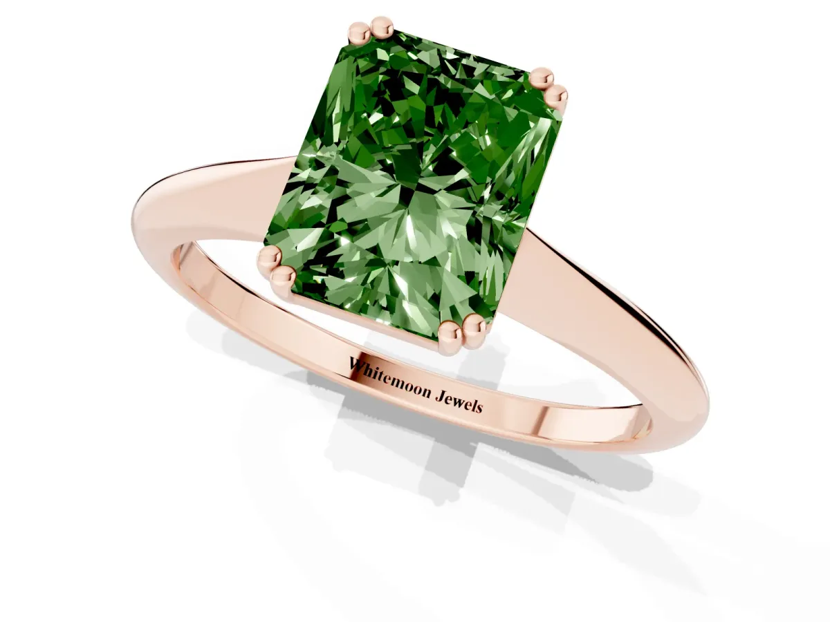 Fancy Green Radiant Cut Solitaire Diamond Ring with Six-Prong Setting and Classic Band Rose gold