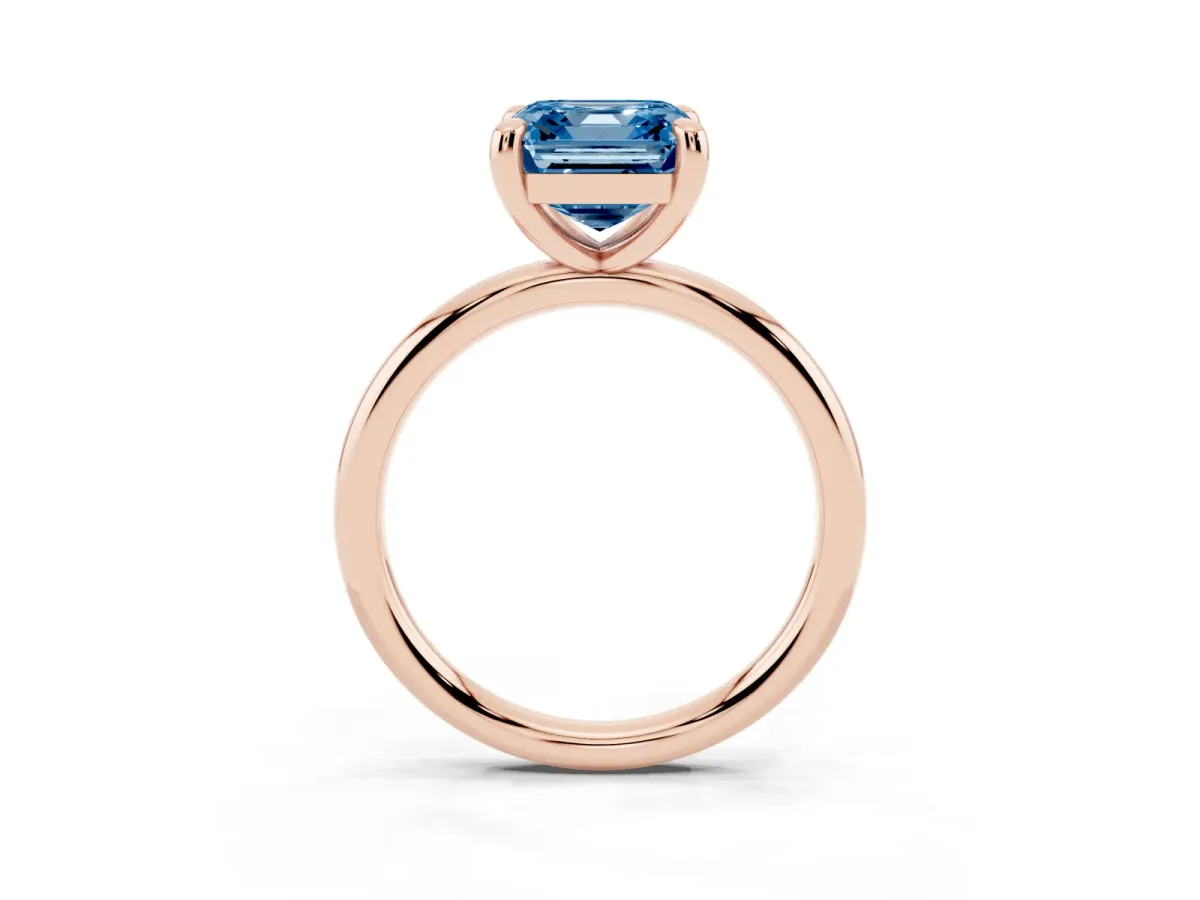 Fancy Blue Asscher Cut Solitaire Diamond Ring with Four-Prong Setting on a Plain Band Rose gold