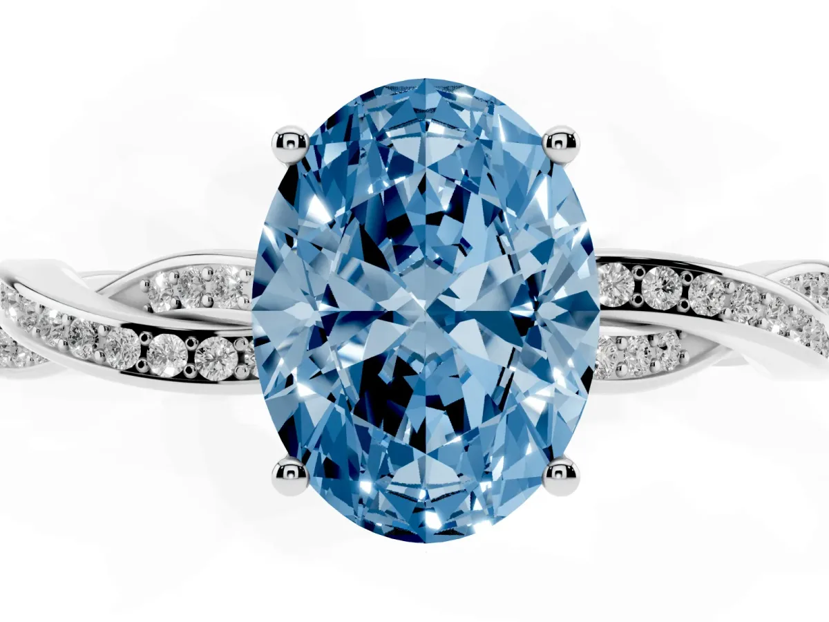 Fancy Blue Oval Cut Solitaire Twisted Pave Diamond Ring with Four-Prong Setting Platinum