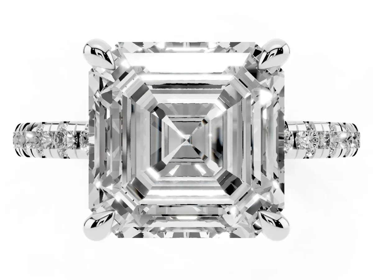 Asscher Cut Diamond Brilliant Solitaire Ring with Pavé Band and Four-Prong Setting Platinum