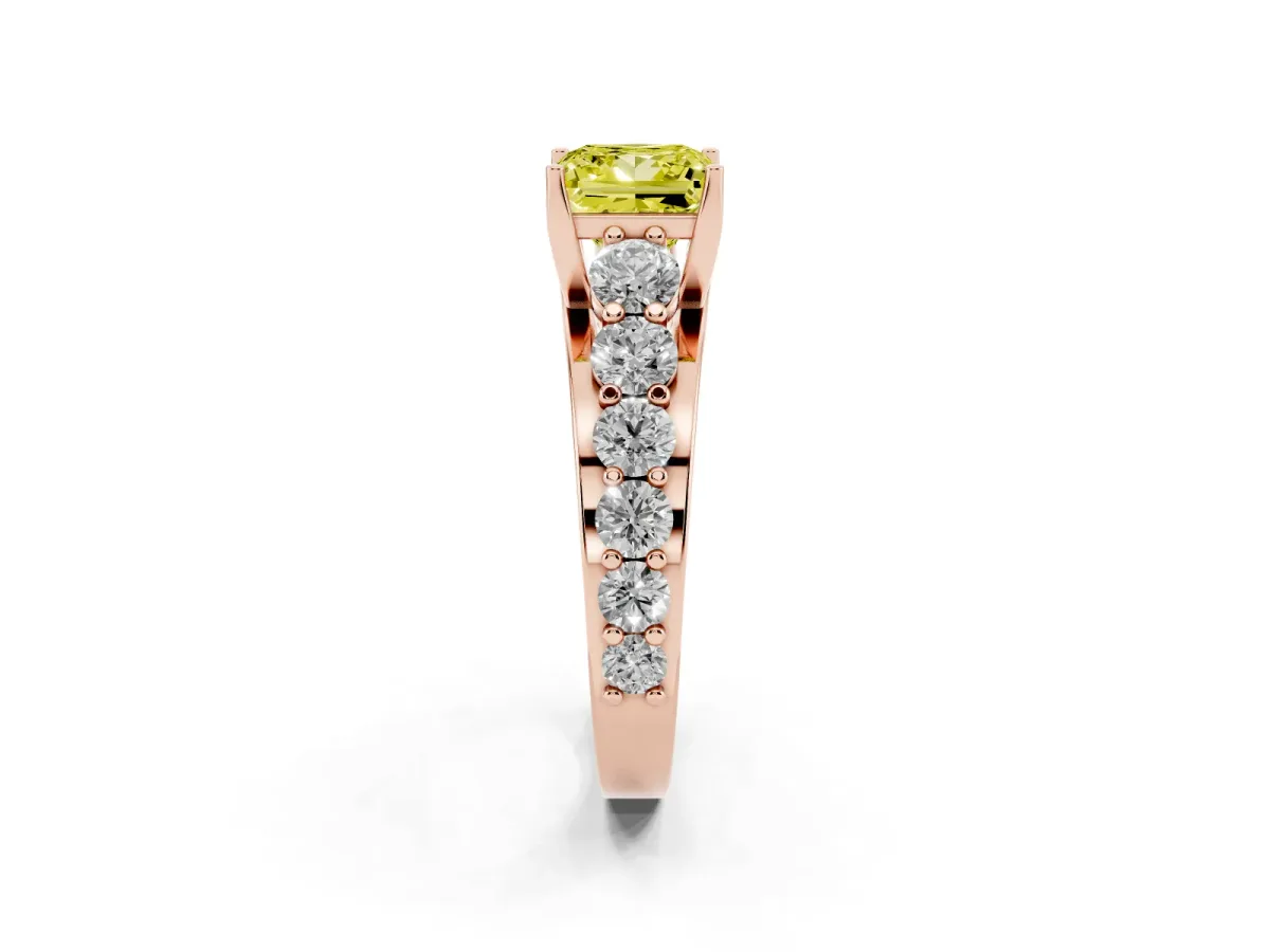 Fancy Yellow Princess Cut Diamond Engagement Ring with Pavé Band and Four-Prong Setting Rose gold
