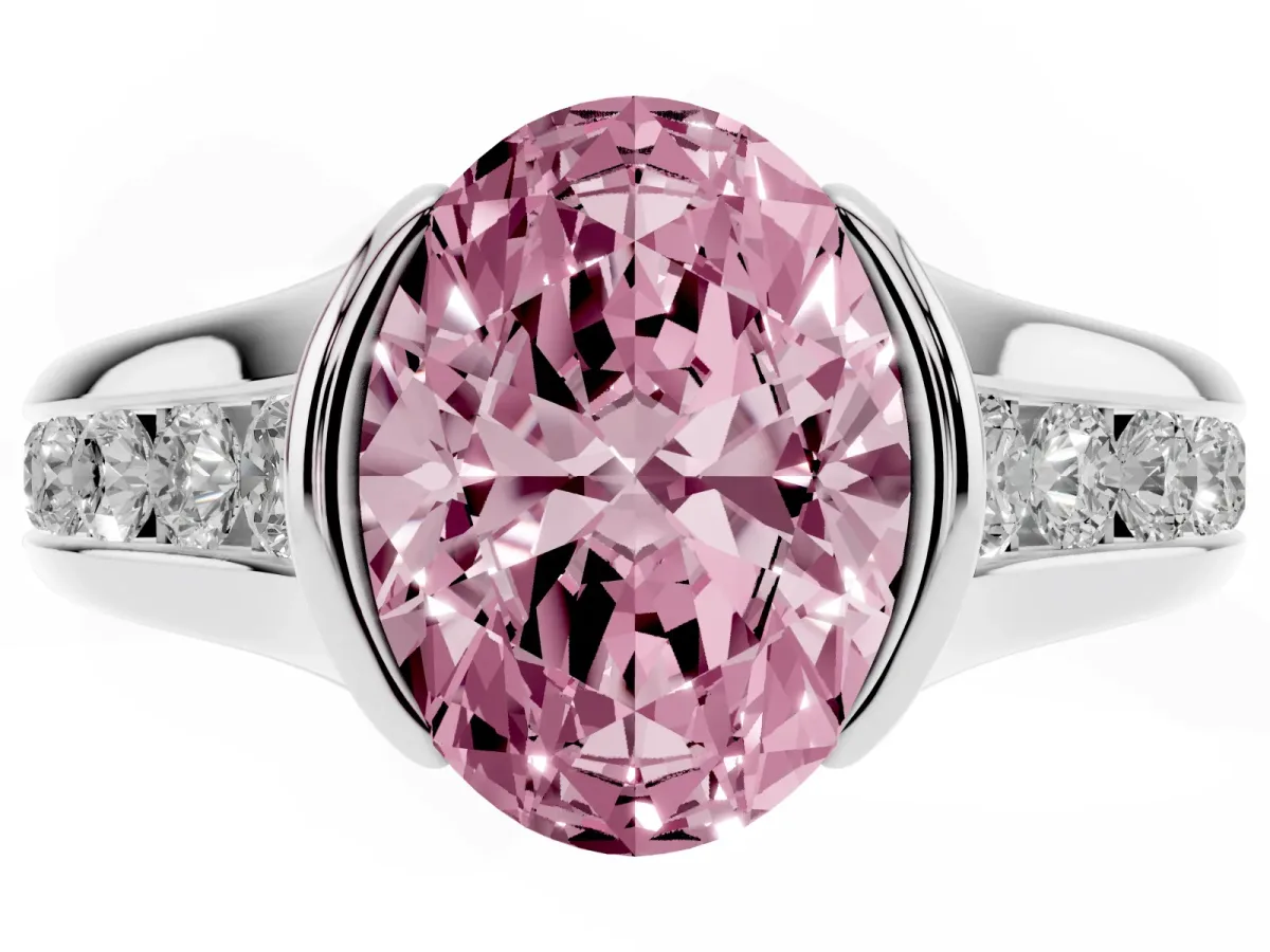 Fancy Pink Oval Cut Solitaire Bezel-Set Diamond Ring with Channel-Set Band Silver