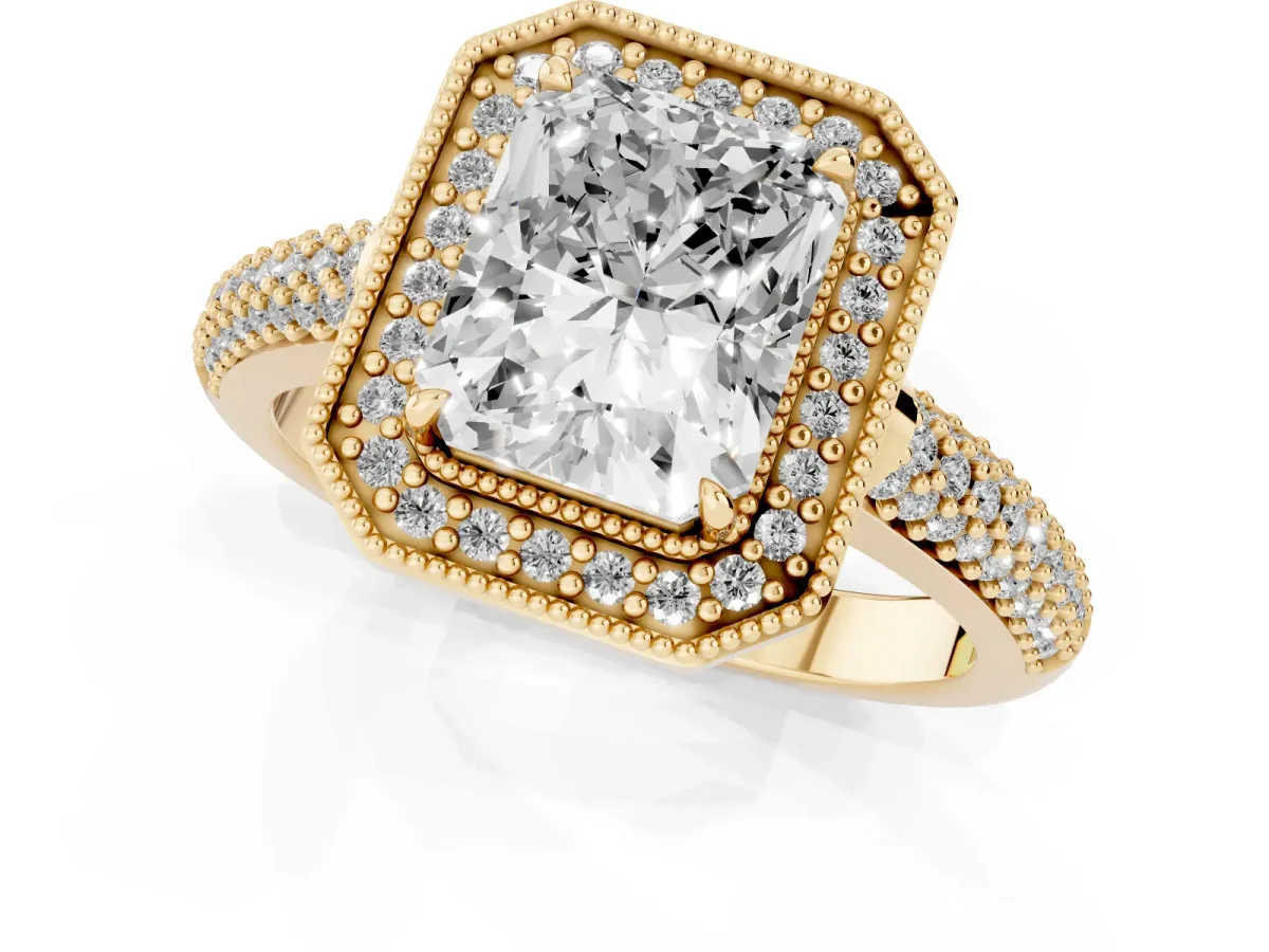 Radiant Cut Cut Halo Diamond Pave Band with Four-Prong Setting Yellow gold