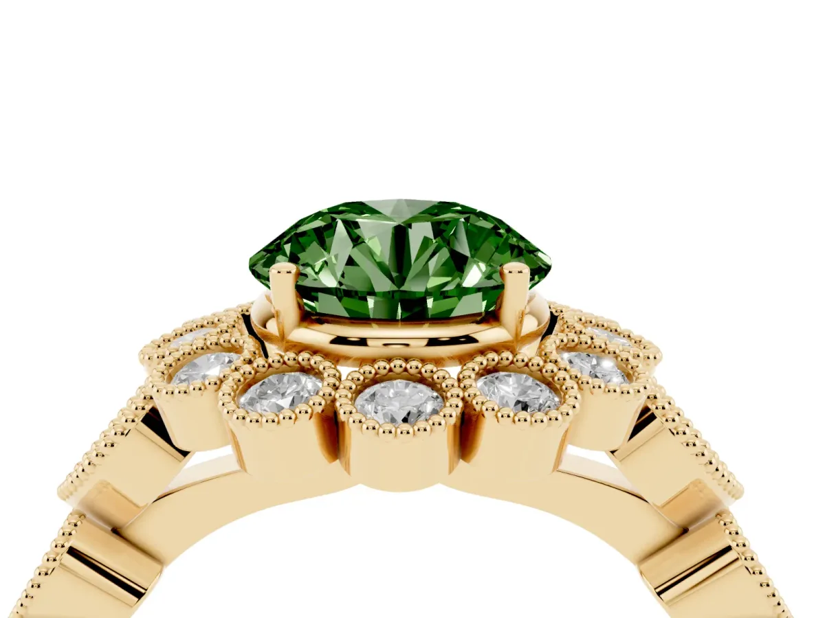 Fancy Green Round Cut Brilliant Milgrain Pave Heart Band Solitaire Ring Yellow gold