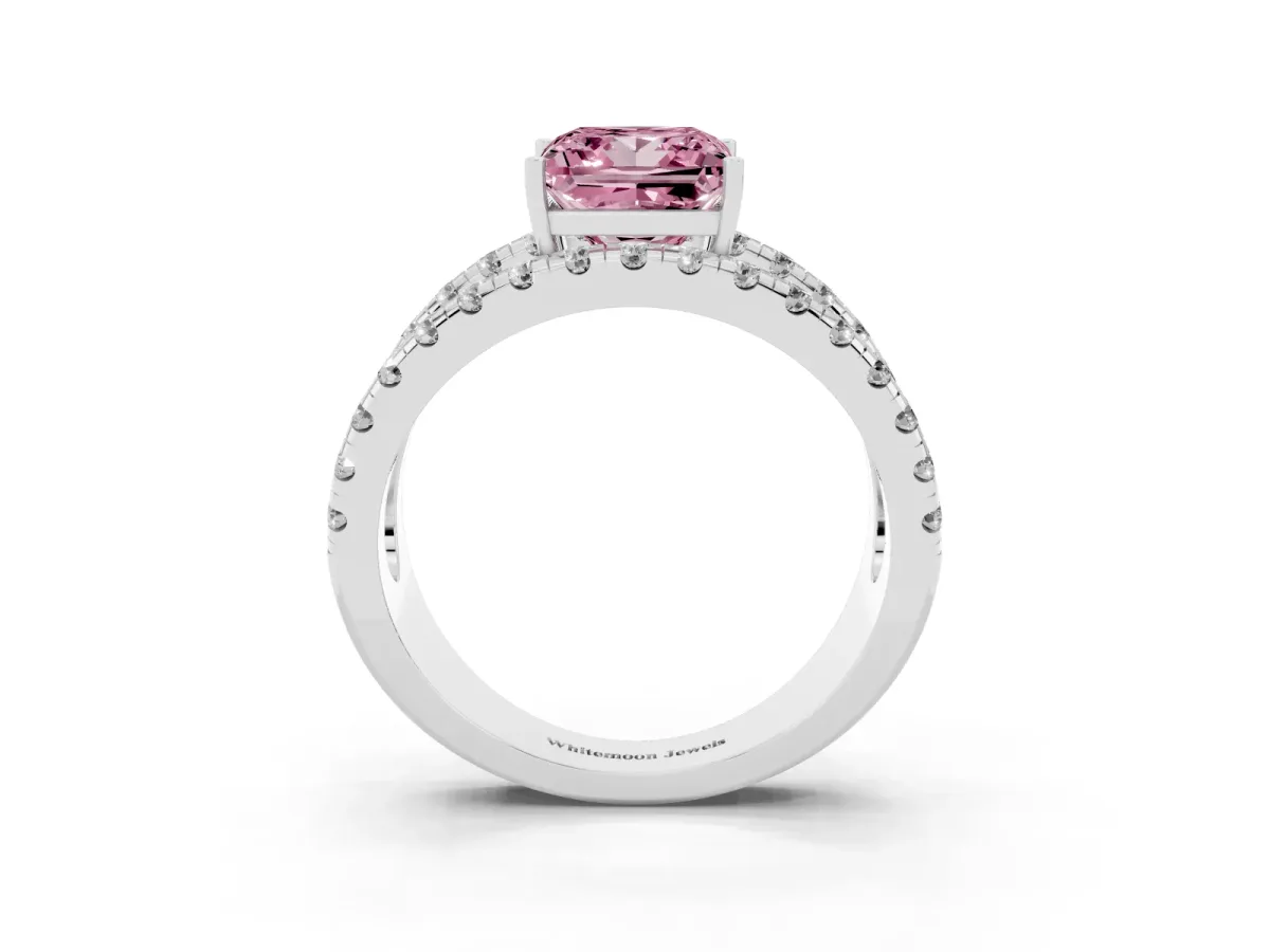 Fancy Pink Princess Cut Solitaire Split Shank Pave Diamond Ring Platinum