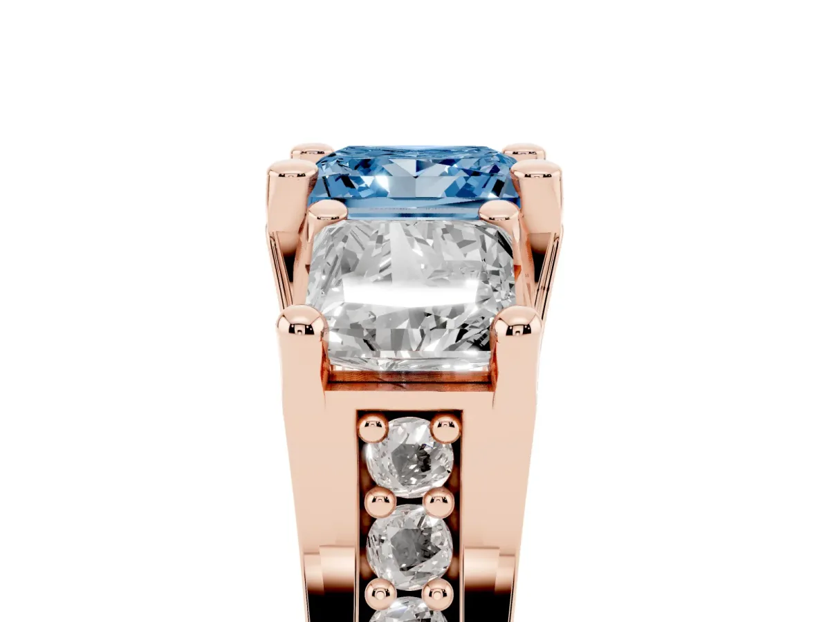 Fancy Blue Princess Cut Diamond Three-Stone Ring with Channel Set Band and Four-Prong Setting Rose gold