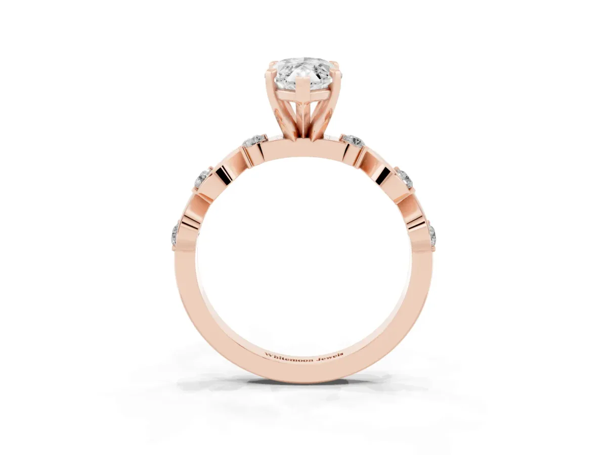 Marquise Cut Diamond Solitaire Twisted Band with Round Accents and Prong Setting Rose gold
