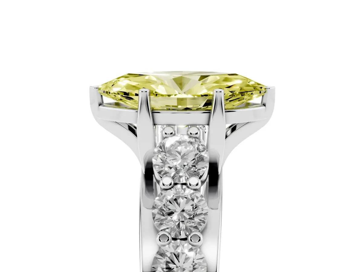 Fancy Yellow Marquise Cut Diamond Engagement Ring with Pavé Band and Four-Prong Setting Silver