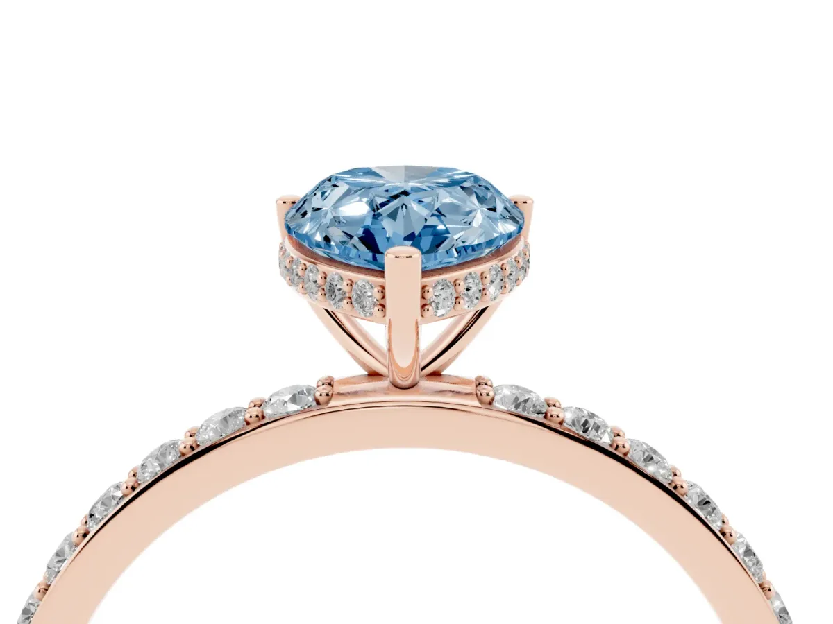 Fancy Blue Pear Cut Diamond Solitaire Ring with Pavé Band and Hidden Halo Rose gold