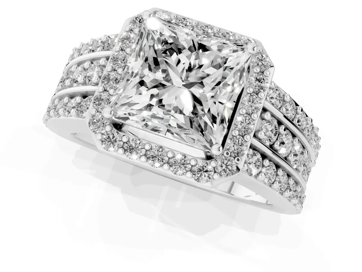 Princess Cut Halo Diamond Ring with Round Split Shank and Prong Setting Silver