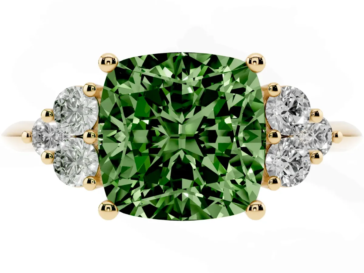 Fancy Green Cushion Cut Cut Diamond Cluster Ring with Solitaire Band and Four-Prong Setting Yellow gold