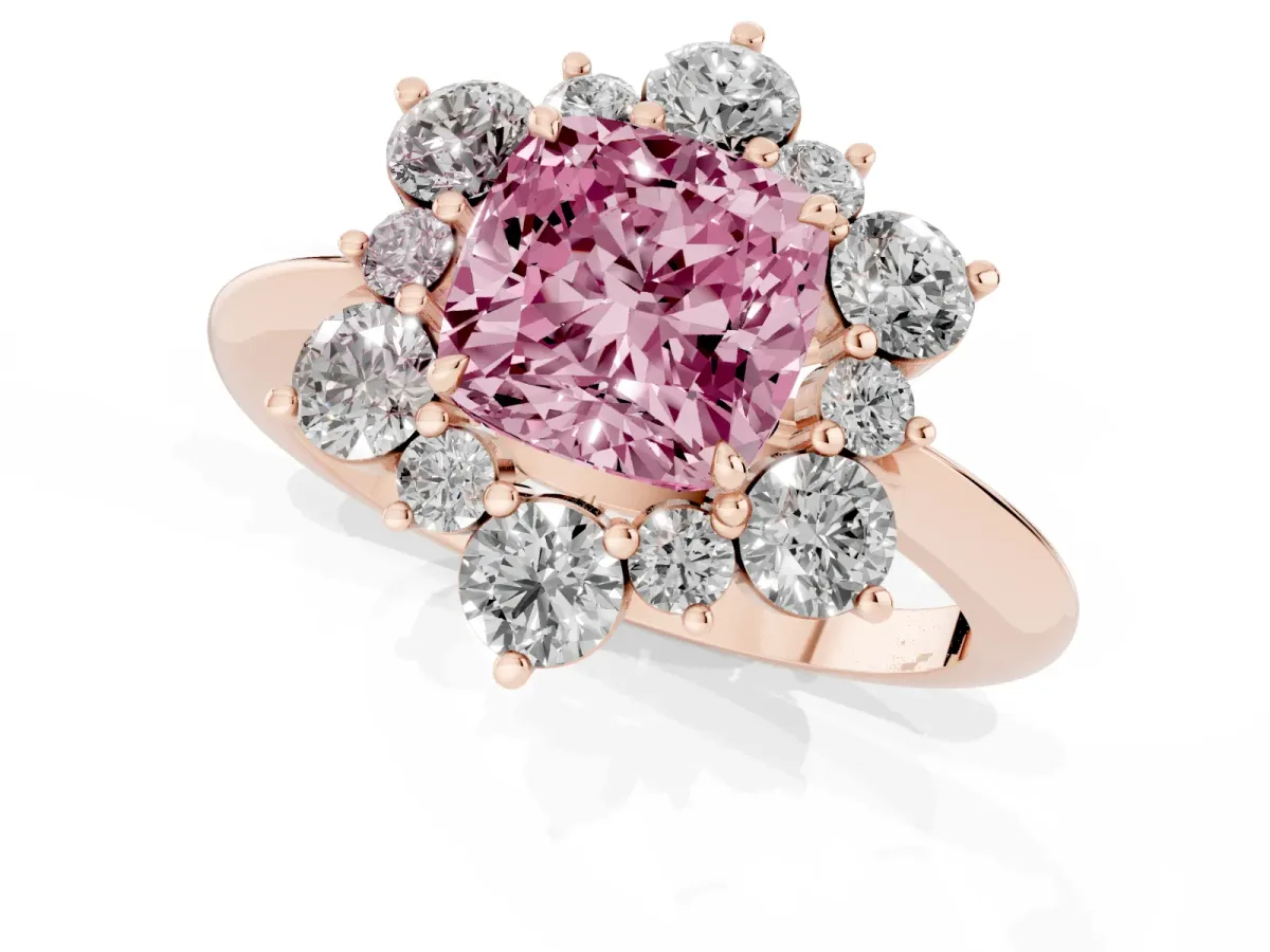 Fancy Pink Cushion Cut Diamond Cluster Halo Ring with Solitaire Band and Four-Prong Setting Rose gold