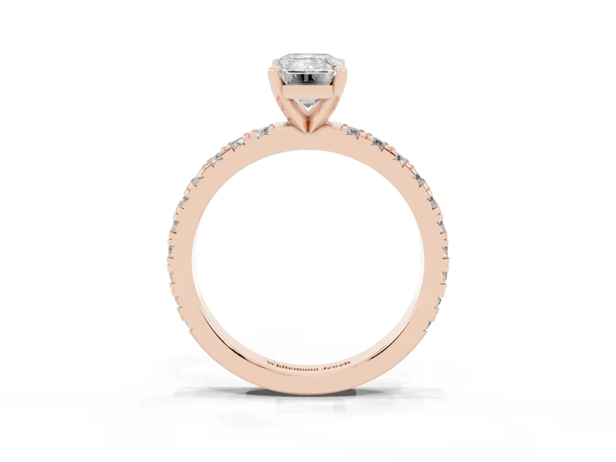 Emerald Cut Diamond Pavé Band Solitaire with Four-Prong Setting Rose gold