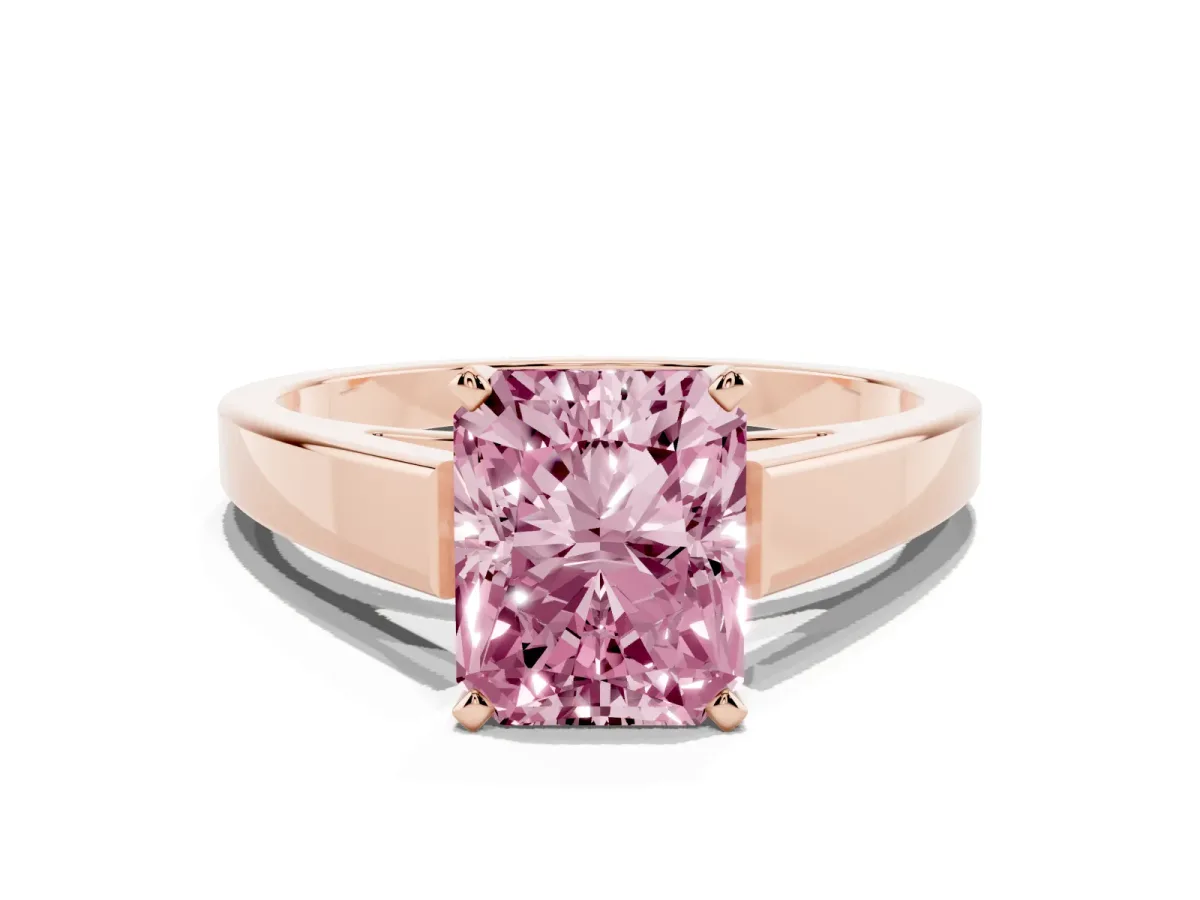 Fancy Pink Radiant Cut Solitaire Engagement Ring with Four-Prong Setting and Tapered Band Rose gold