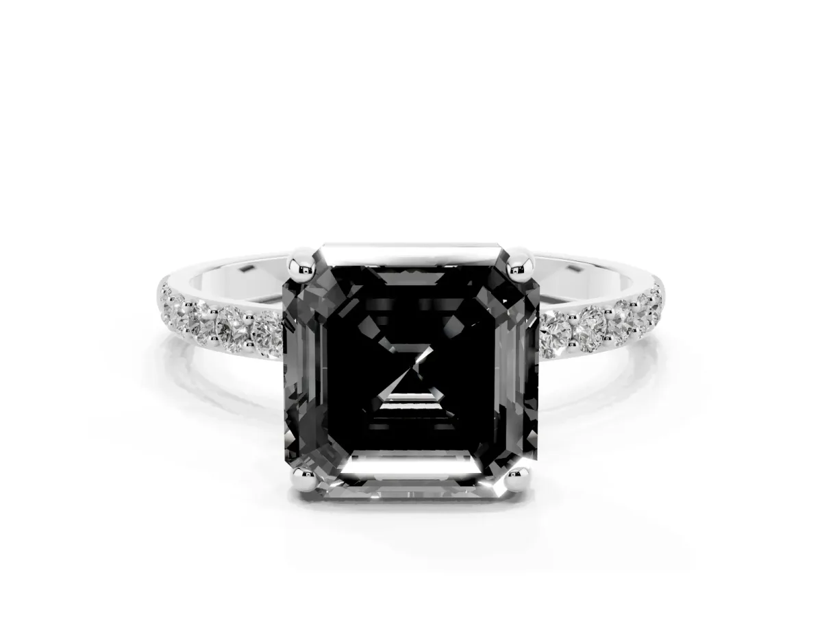 Fancy Black Asscher Cut Diamond Solitaire Ring with Round Pavé Band and Prong Setting Silver