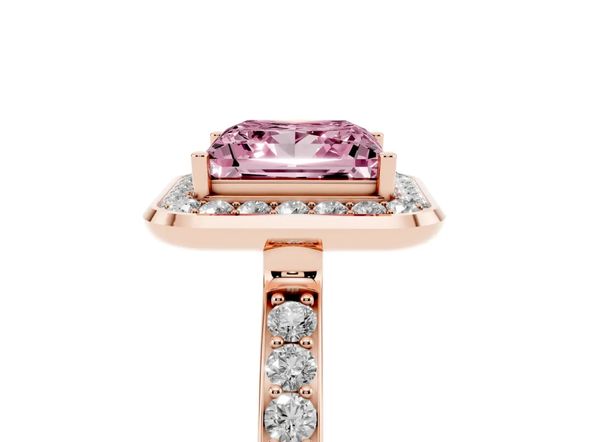 Fancy Pink Princess Cut Diamond Halo Ring with Bezel Frame and Pavé Band Rose gold