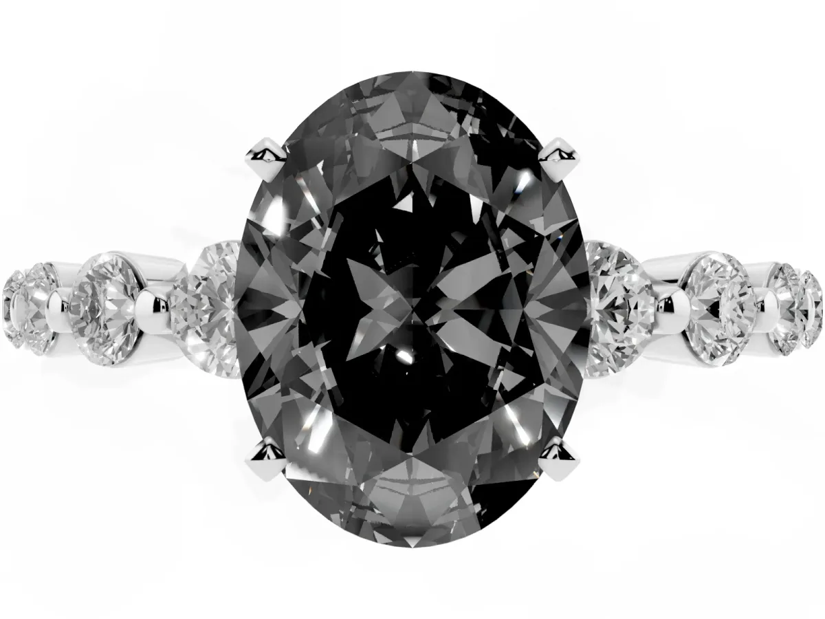 Fancy Black Oval Cut Solitaire Diamond Ring with Pave Band and Four-Prong Setting Silver
