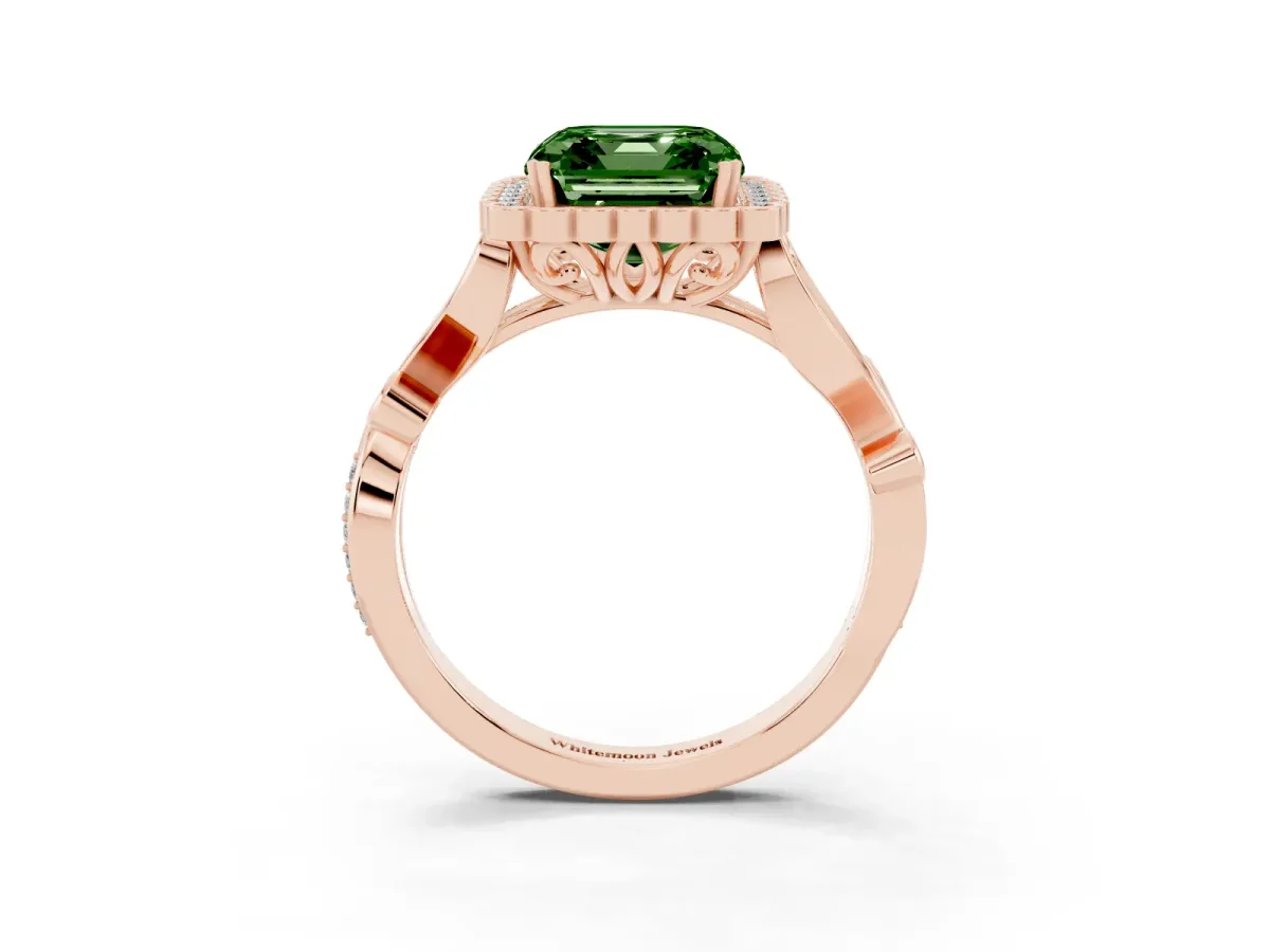 Fancy Green Asscher Cut Diamond Halo Ring with Vintage Split Shank and Four-Prong Setting Rose gold
