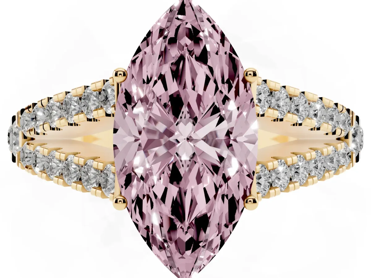 Fancy Pink Marquise Cut Diamond Split Shank Pavé Engagement Ring with Four-Prong Setting Yellow gold