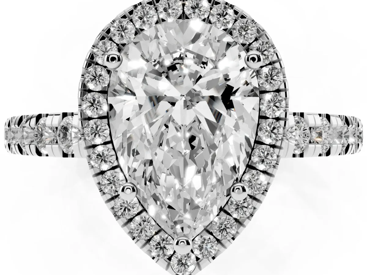 Pear Cut Diamond Halo Ring with Pavé Band and Four-Prong Setting Silver