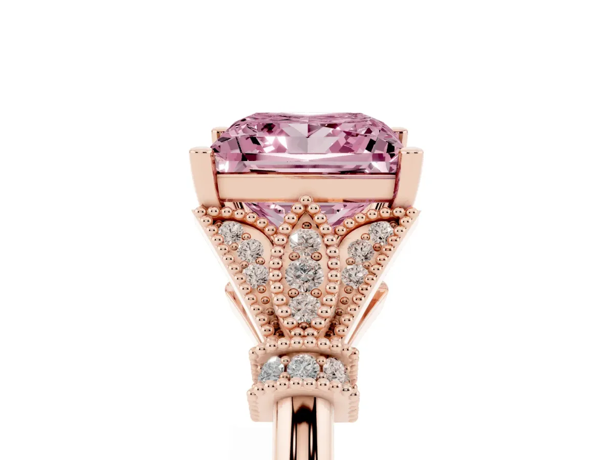Fancy Pink Princess Cut Diamond Solitaire Ring with Floral Filigree and Pave Accents Rose gold