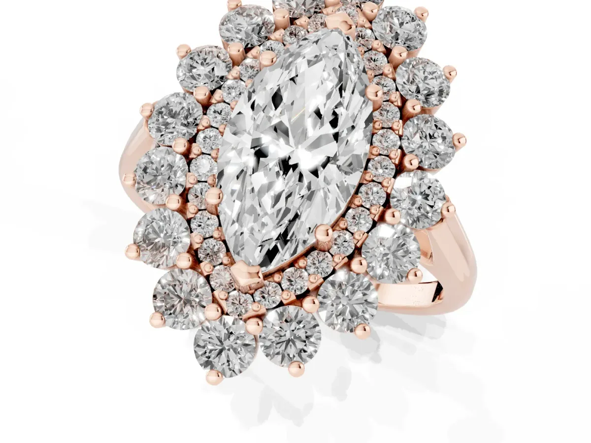 Marquise Cut Diamond Floral Double Halo Engagement Ring with Prong Setting Rose gold