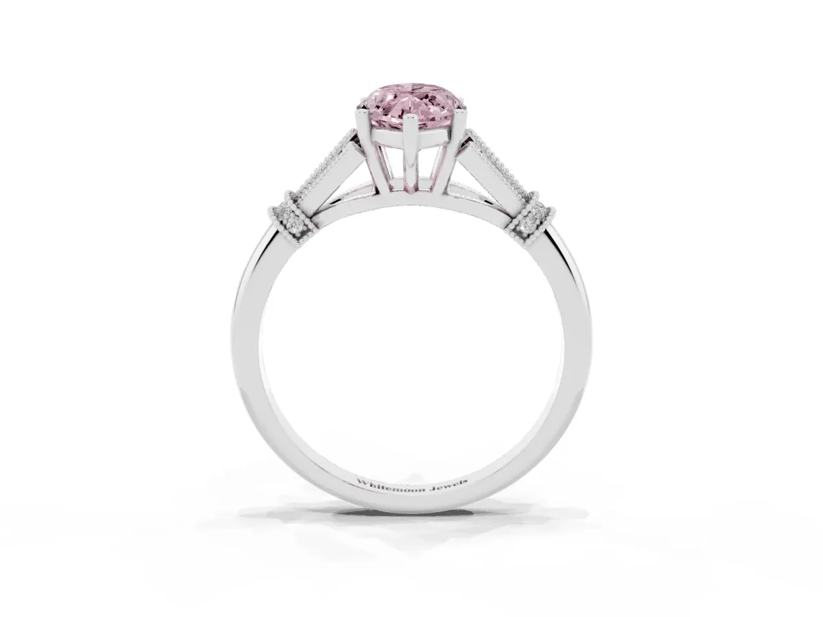 Fancy Pink Marquise Cut Diamond Solitaire Ring with Floral Filigree and Pave Accents Platinum