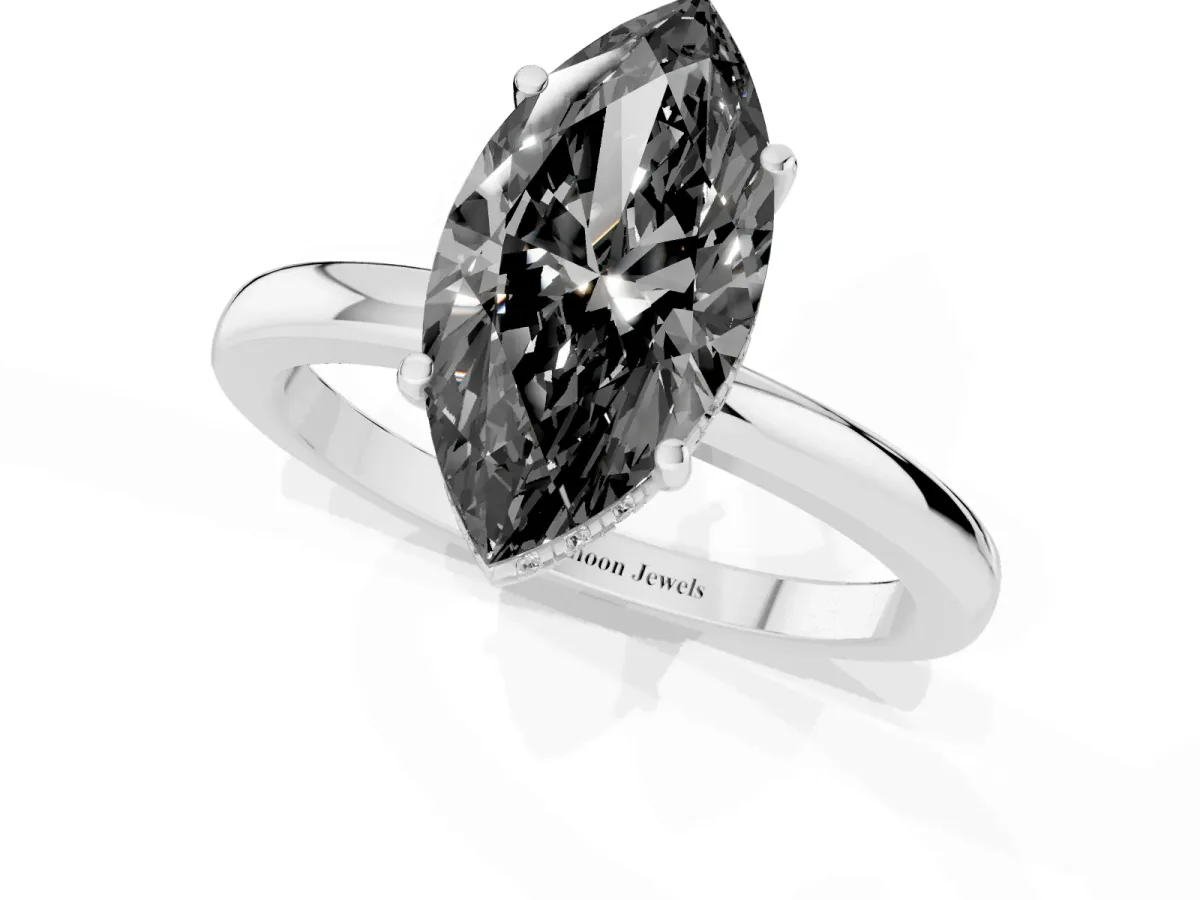 Fancy Black Marquise Cut Solitaire Diamond Ring with Prong Setting and Plain Band White gold