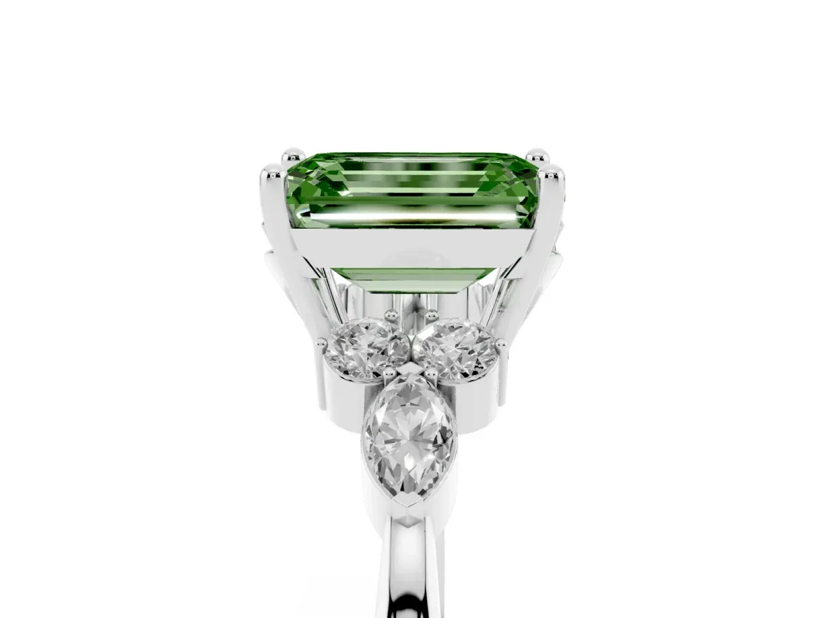 Fancy Green Emerald Cut Brilliant Diamond Solitaire Ring with Pear Side Stones and Four-Prong Setting Platinum