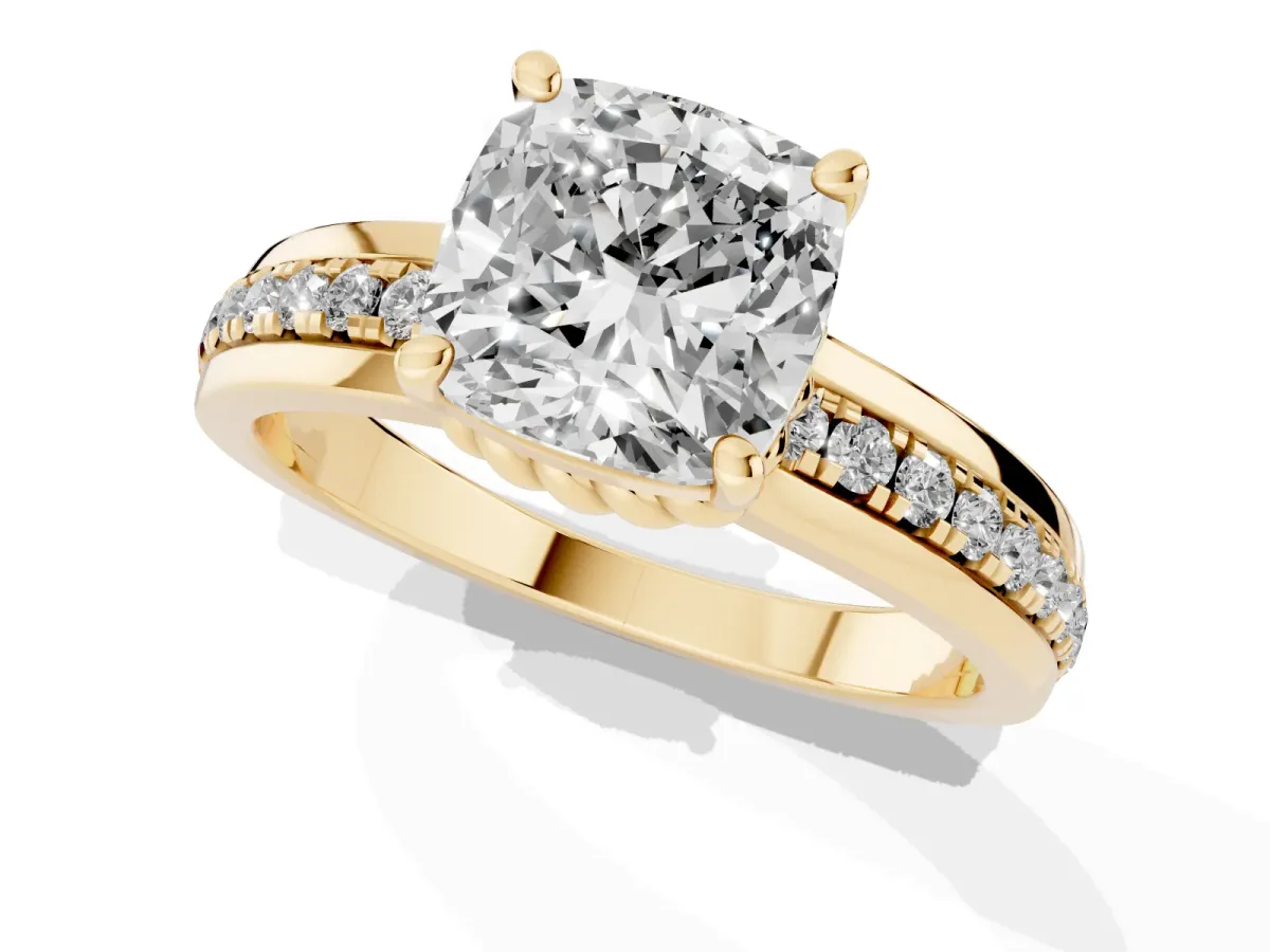 Cushion Cut Solitaire Diamond Ring with Channel Set Band and Six-Prong Setting Yellow gold