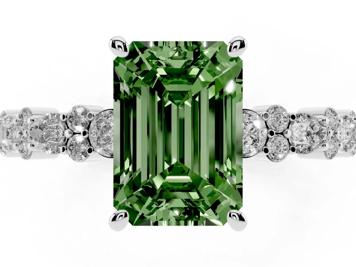 Fancy Green Emerald Cut Diamond Side Stone Solitaire Ring with Round and Four-Prong Setting Silver