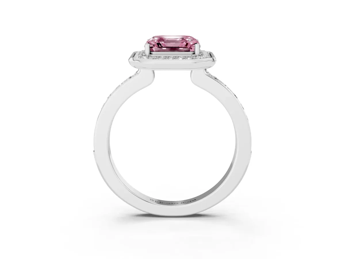Fancy Pink Asscher Cut Diamond Halo Ring with Bezel Frame and Pavé Band Silver