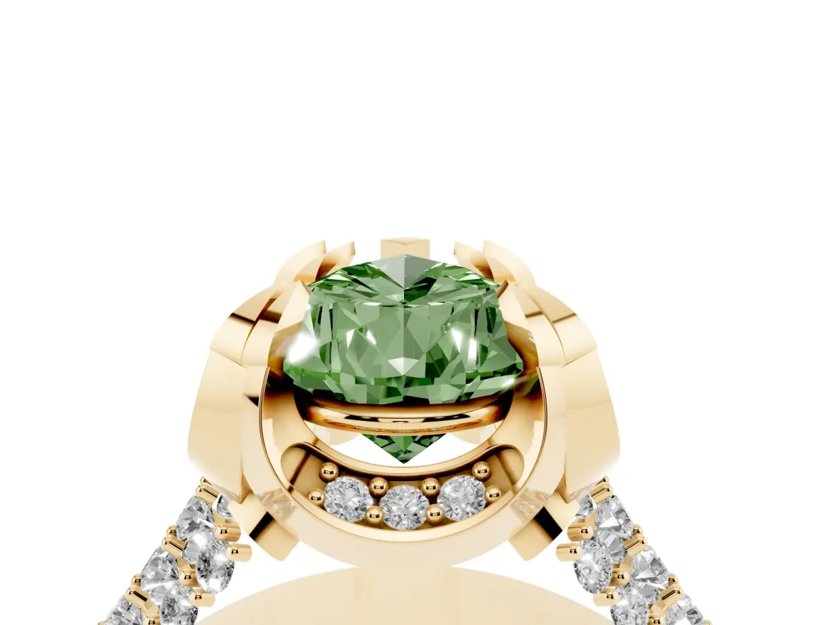 Fancy Green Pear Cut Solitaire Pave Split Shank Ring with Four-Prong Setting Yellow gold