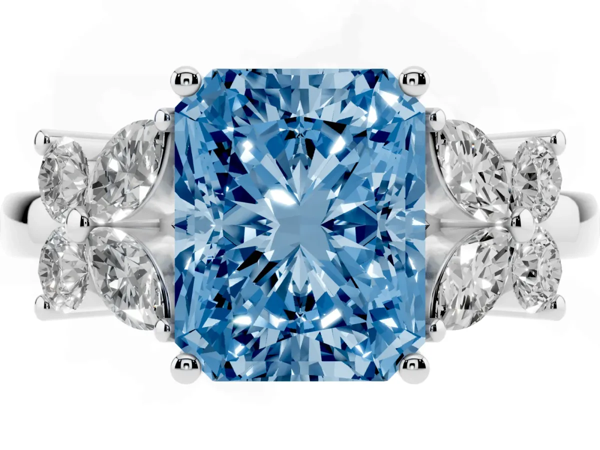 Fancy Blue Radiant Cut Diamond Floral Cluster Ring with Solitaire Band and Prong Setting White gold