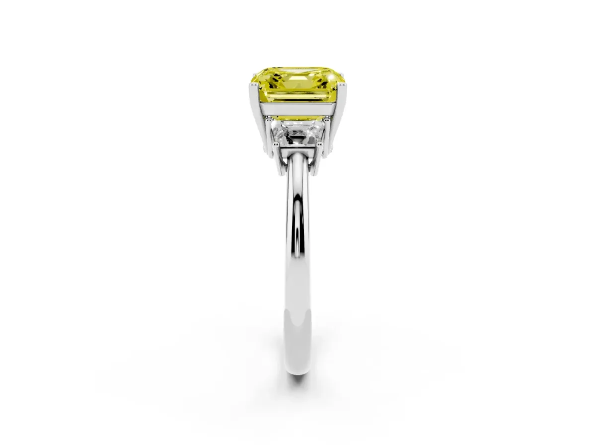 Fancy Yellow Asscher Cut Diamond Three-Stone Ring with Trapezoid Side Stones and Prong Setting Platinum
