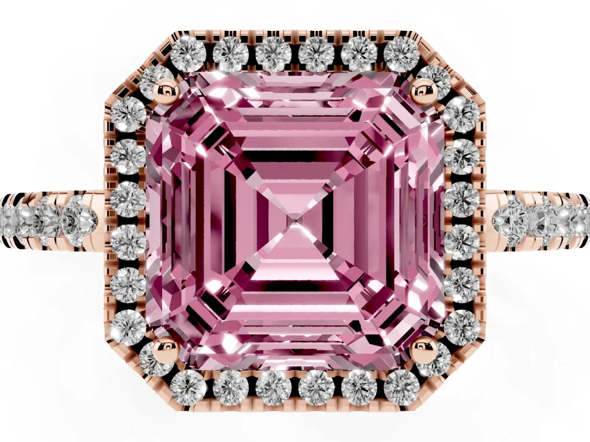 Fancy Pink Asscher Cut Halo Diamond Engagement Ring with Pavé Band and Four-Prong Setting Rose gold
