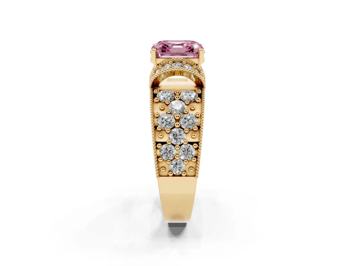 Fancy Pink Asscher Cut Halo Pave Diamond Engagement Ring with Milgrain Detailing Yellow gold