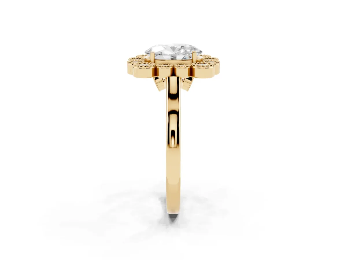 Oval Cut Halo Diamond Cluster Engagement Ring with Milgrain Bezel Setting and Solitaire Band Yellow gold