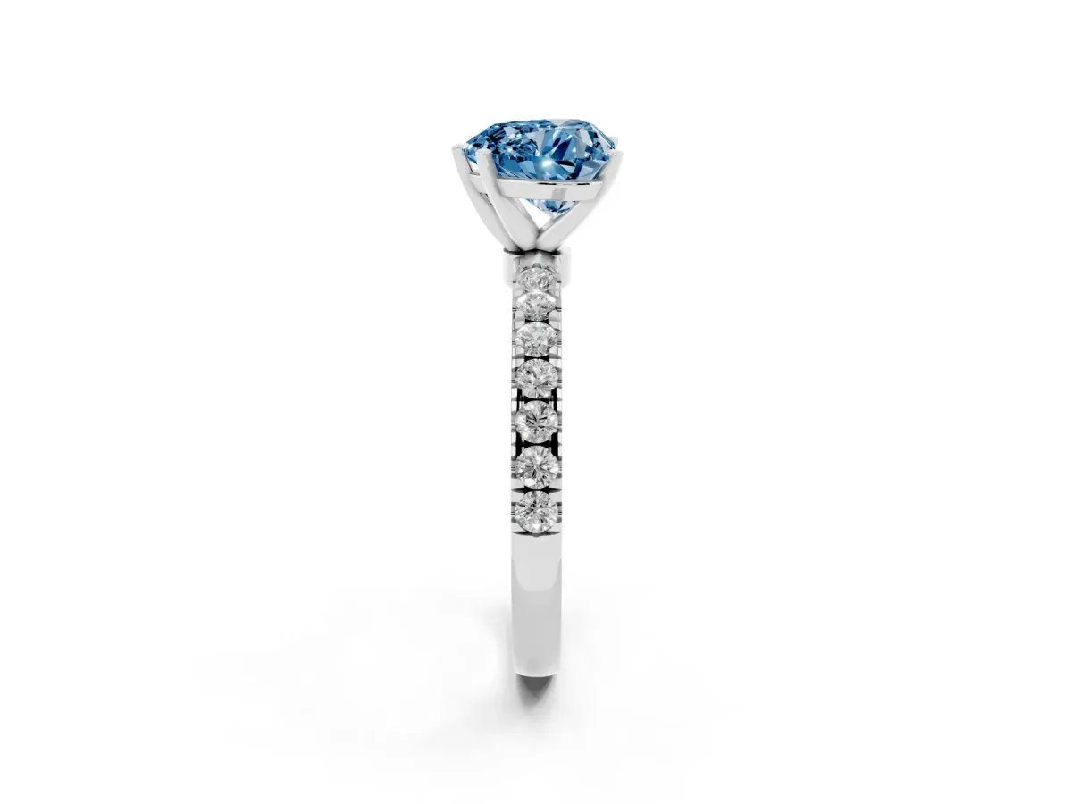 Fancy Blue Heart Cut Diamond Solitaire Ring with Pavé Accents and Four-Prong Setting Silver