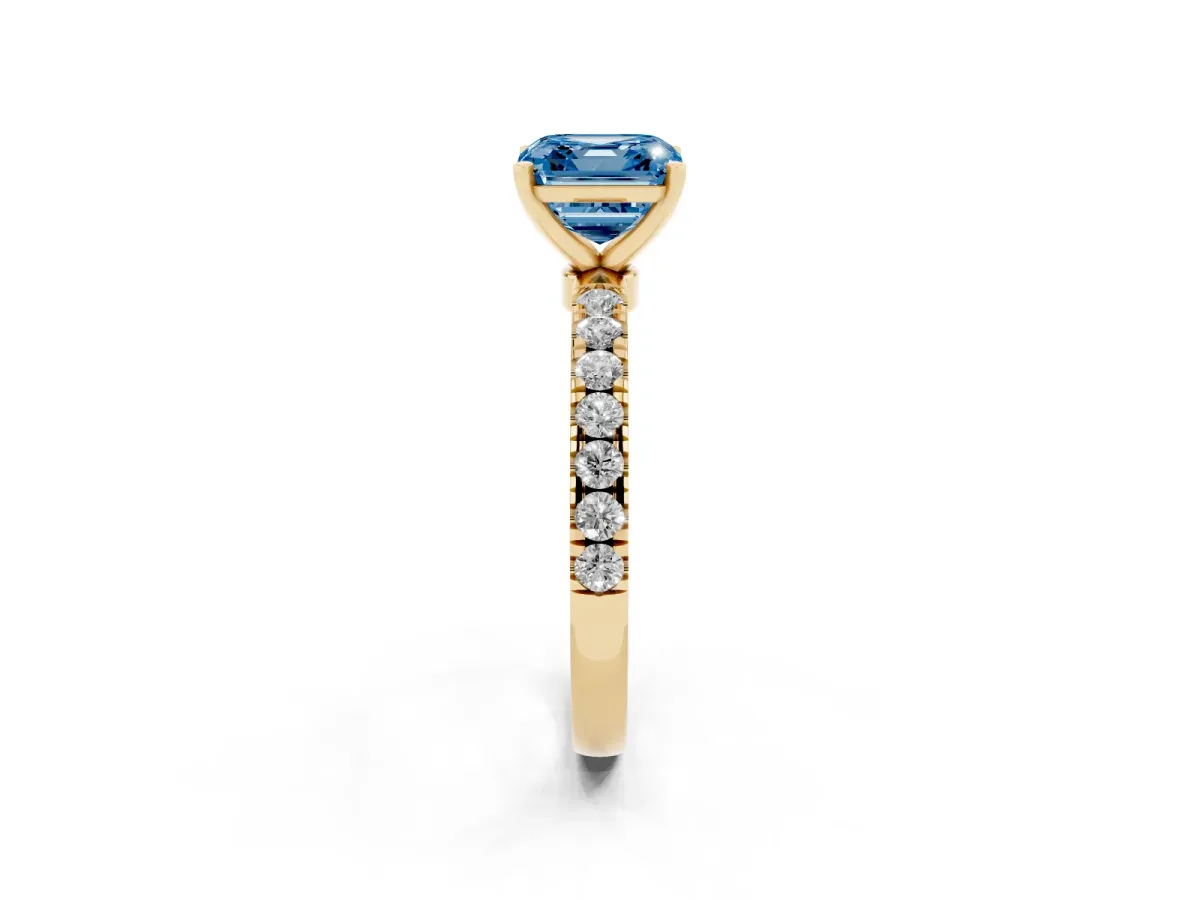 Fancy Blue Asscher Cut Diamond Solitaire Ring with Pavé Accents and Four-Prong Setting Yellow gold