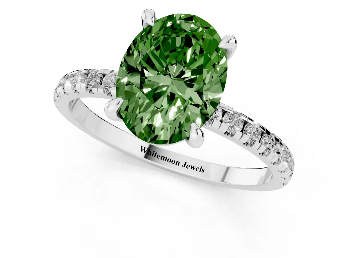 Fancy Green Oval Cut Diamond Brilliant Solitaire Ring with Pavé Band and Four-Prong Setting Platinum