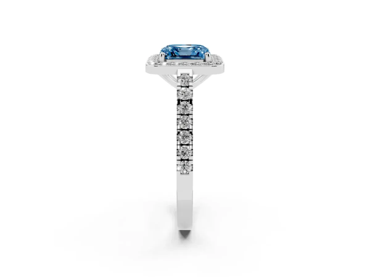 Fancy Blue Asscher Cut Diamond Halo Ring with Round Pavé Split Shank and Prong Setting Silver