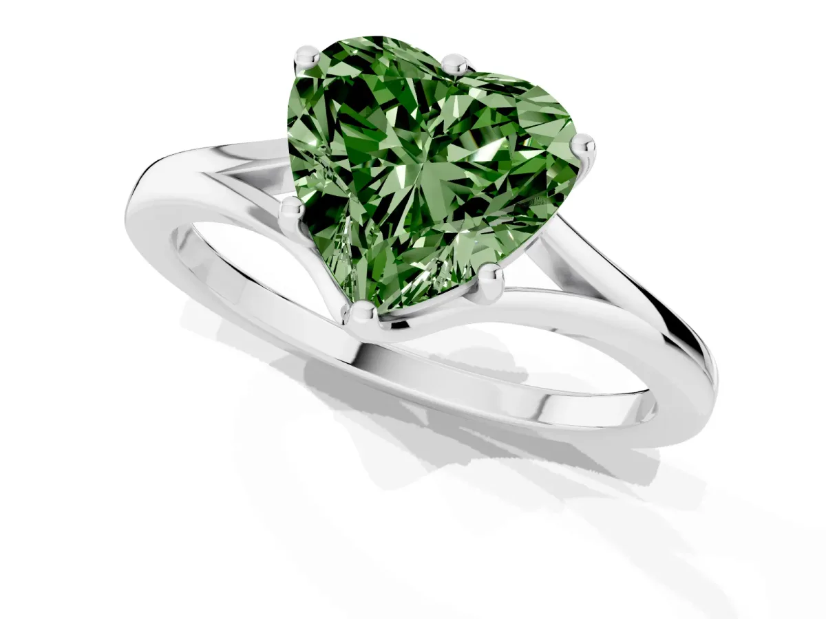 Fancy Green Heart Cut Solitaire Diamond Ring with Six-Prong Setting and Tapered Band Platinum