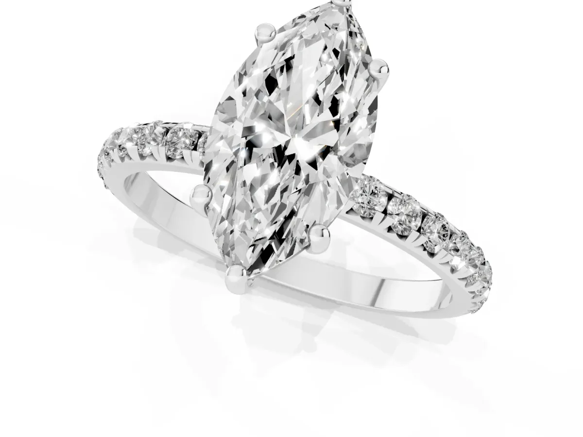 Marquise Cut Cut Diamond Solitaire Ring with Micro Pave Band and Four Prong Setting Silver