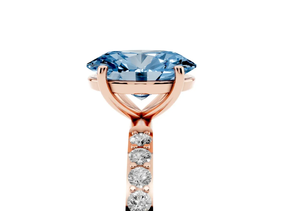 Fancy Blue Oval Cut Diamond Solitaire Ring with Round Pavé Shoulders and Prong Setting Rose gold