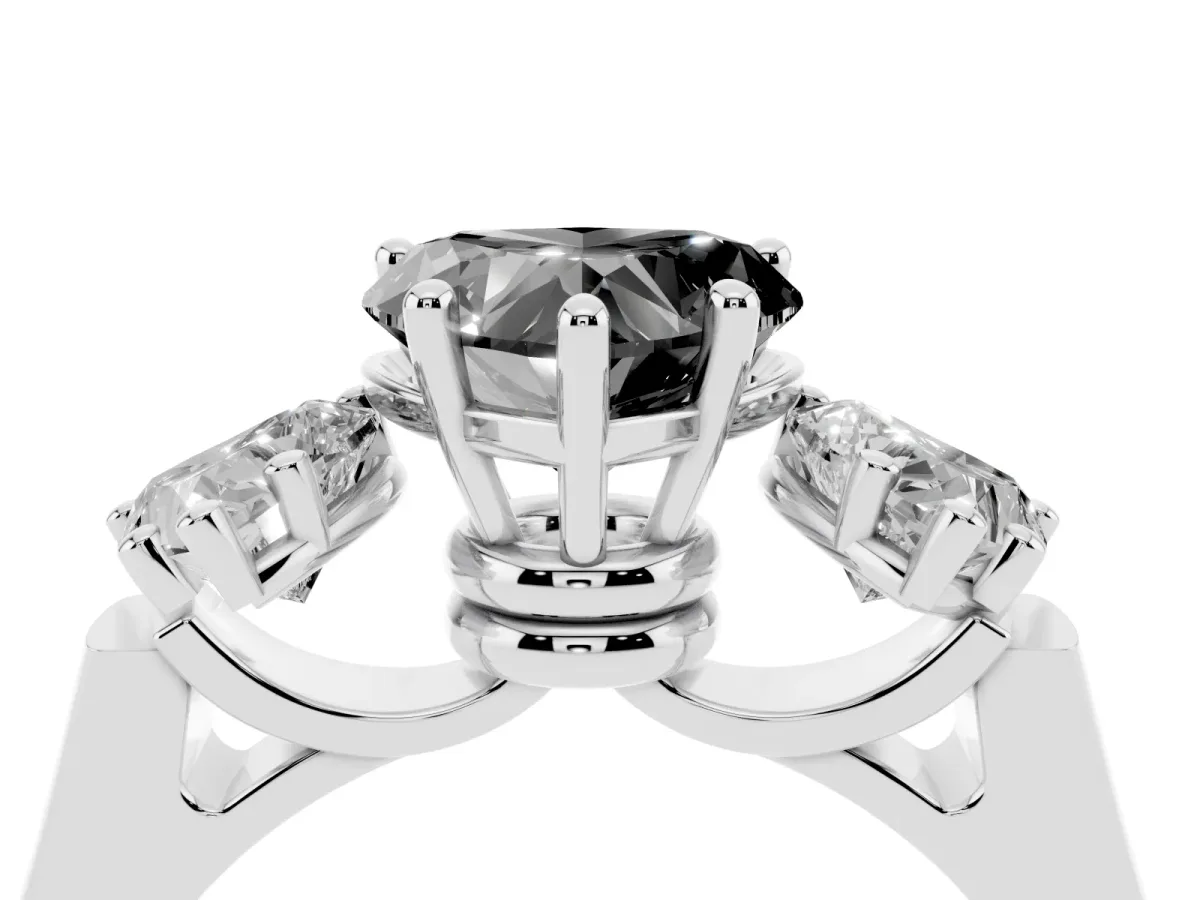 Fancy Black Three-Stone Heart Cut Brilliant Diamond Trellis Ring with Comfort Fit Band White gold