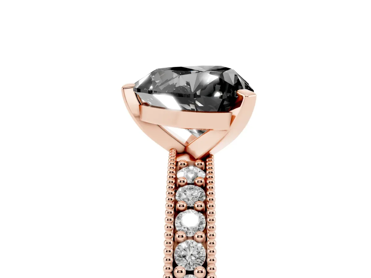 Fancy Black Heart Cut Diamond Milgrain Pavé Engagement Ring with Four-Prong Setting Rose gold