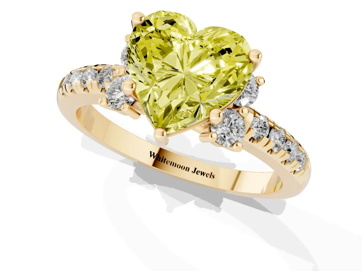 Fancy Yellow Heart Cut Diamond Three-Stone Pave Band with Four-Prong Setting Yellow gold
