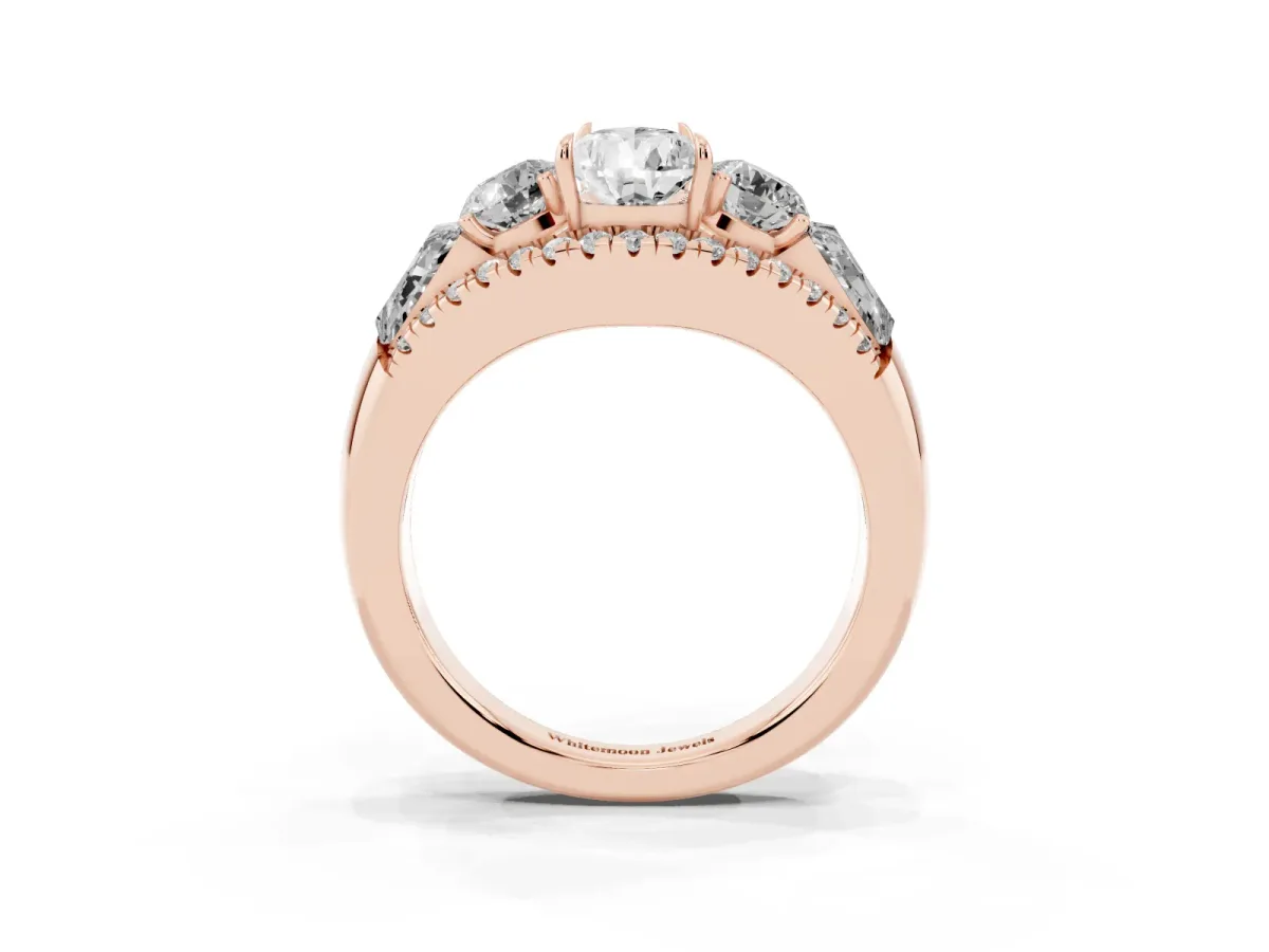 Three-Stone Pear Cut Diamond Engagement Ring with Pave Band and Prong Setting Rose gold