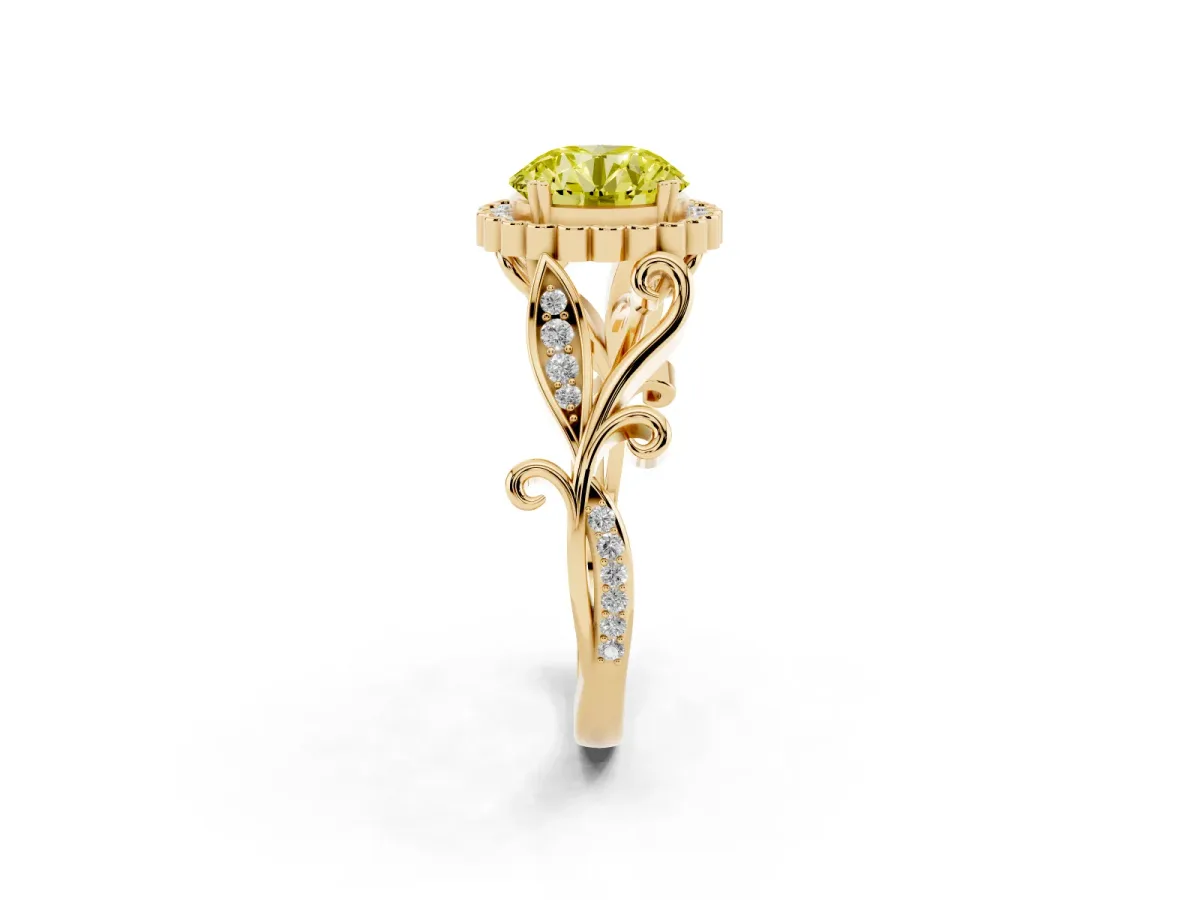 Fancy Yellow Round Cut Diamond Halo Ring with Vintage Split Shank and Four-Prong Setting Yellow gold